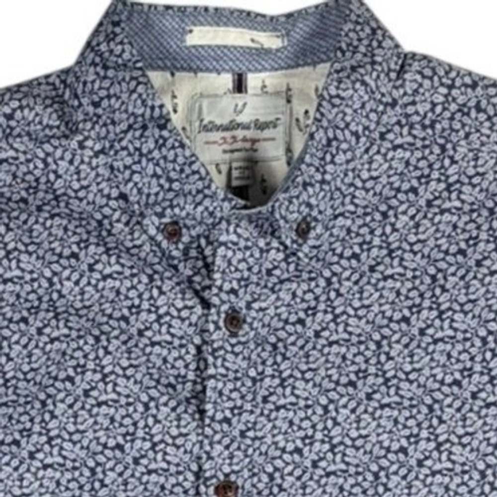 International Report Button Down Mens XXL Blue White Leaf Print Long Sleeve